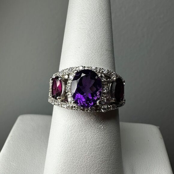 Stunning Amethyst and Rhodalite garnet with cz accents in sterling silver ring! - Picture 1 of 14